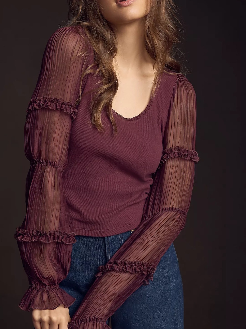 By Anthropologie Victorian Ruffle Mesh Sleeve Ribbed Top XS/S Burgundy Academia